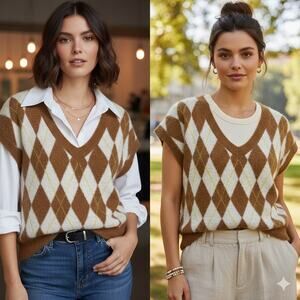 Free People Through the Motions Sweater Vest Retro Boxy Brown Cream M‎